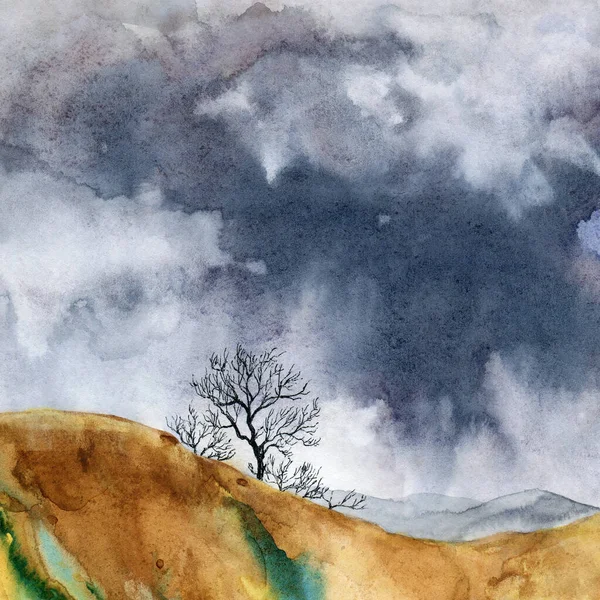 Aquarel Illustratie Van Een Levenloos Landschap Met Donkere Stormachtige Wolken — Stockfoto