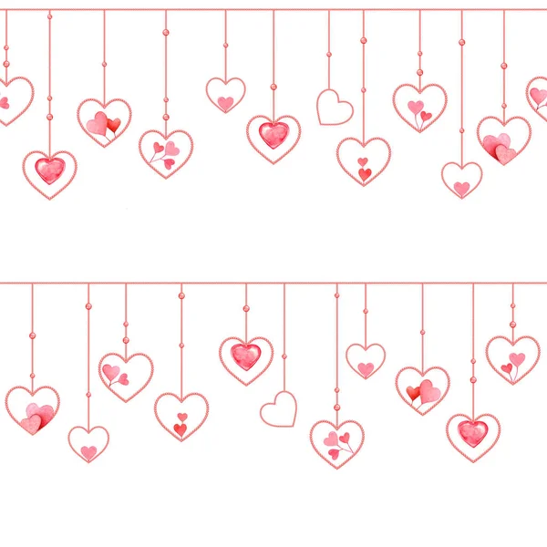 Бесшовный Узор Рядами Красных Висящих Декоративных Сердец — стоковое фото