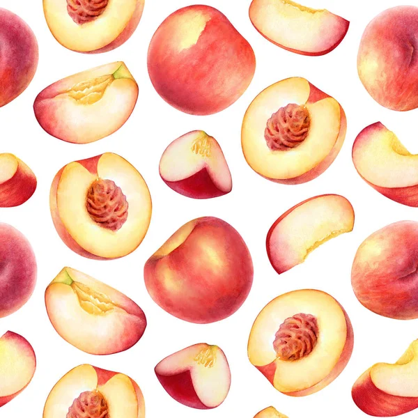 Seamless Pattern Watercolor Peach Fruits Its Parts White Background — Foto de Stock