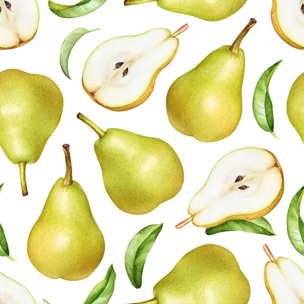 Seamless Pattern Green Pear Fruits Leaves White Background — Zdjęcie stockowe