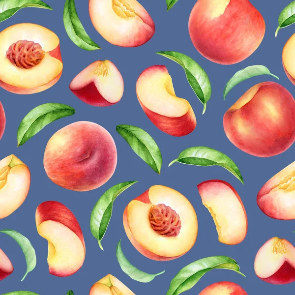 Seamless Pattern Peach Fruits Leaves Blue Background — Zdjęcie stockowe