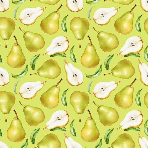 Seamless Pattern Watercolor Pears Green Leaves Light Yellow Green Background — Zdjęcie stockowe