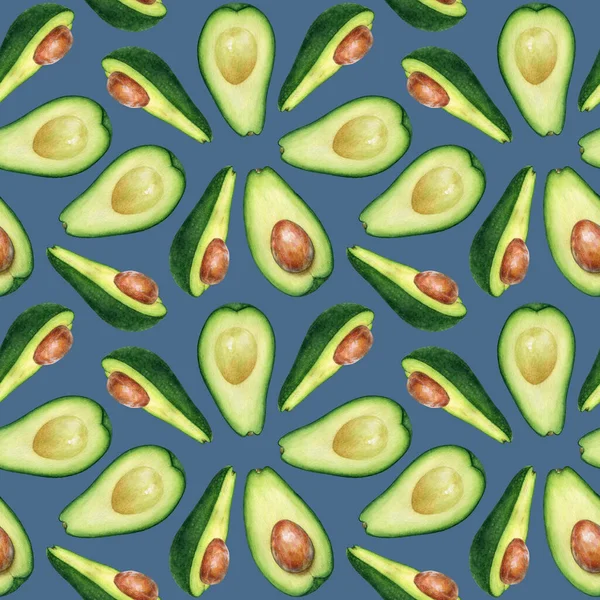 Nahtloses Muster Mit Avocadofrüchten Aquarell Auf Blauem Hintergrund — Stockfoto