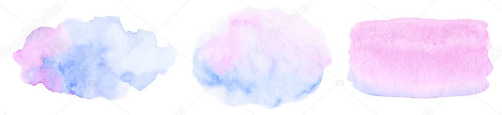 Collection of abstract watercolor light pink blue brush strokes with stains and splashes