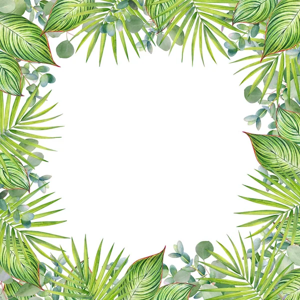 Rahmen Mit Tropischen Blättern Und Zweigen Aquarell Für Florales Design — Stockfoto