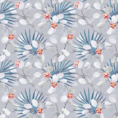 Suluboya okaliptüs, palmiye dalları ve pembe çiçeklerle kusursuz desen..