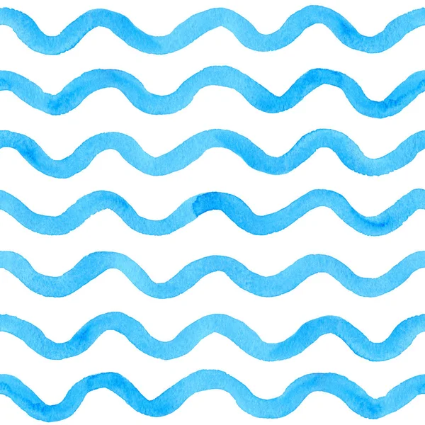 Modèle Sans Couture Avec Aquarelle Vibrant Vagues Bleues Sur Fond — Photo