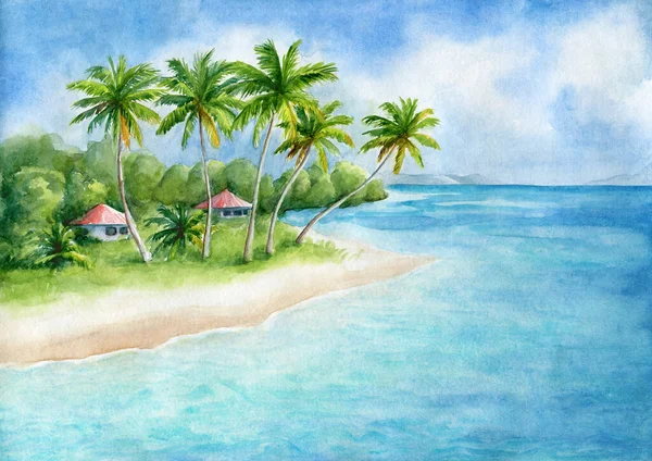 Watercolor tropical sunny landscape with ocean, sandy beach, palms, cloudy sky and small houses