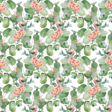 Çiçek tasarımı için suluboya okaliptüs ağacı dalları ve kırmızı çiçeklerin kusursuz deseni.