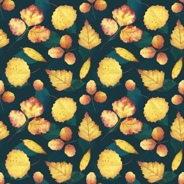Bezešvé Vzor Akvarelem Žluté Podzimní Listy Tmavomodrém Pozadí — Stock fotografie