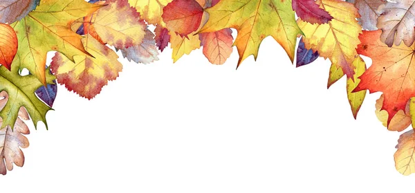 コピースペースと秋のカラフルな葉と水彩フレーム 秋のデザインのための黄色 バーガンディ 茶色と緑の葉 — ストック写真