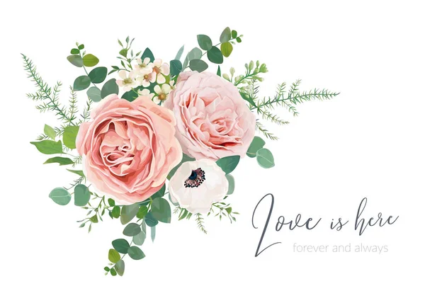 Vector Hochzeitseinladungskarte Gruß Bannerdesign Rouge Pfirsich Lavendelrose Elfenbeinanemone Wachsblume Eukalyptusgrün — Stockvektor