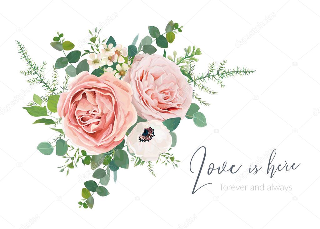 Vector wedding invite card, greeting, banner design. Blush peach, lavender rose, ivory anemone, wax flower, Eucalyptus greenery branches foliage and green fern leaves lovely watercolor bouquet element