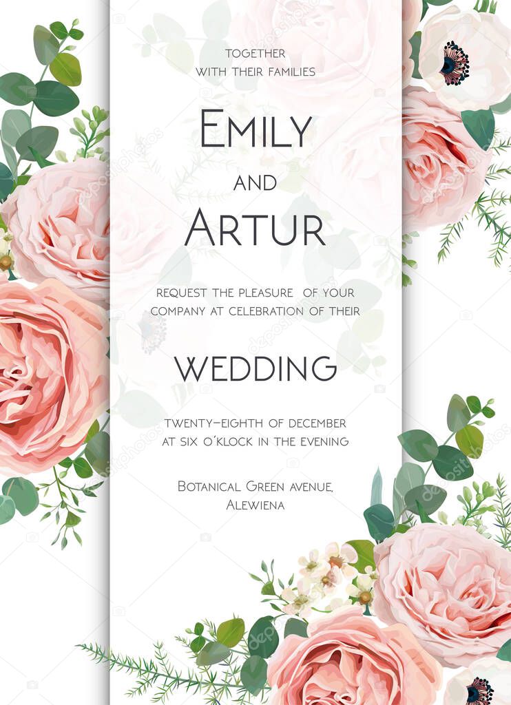 Vector floral chic wedding invite card design. Blush peach, lavender vintage rose, white anemone, wax flowers, Eucalyptus greenery leaves & green forest fern bouquet. Stylish watercolor frame template