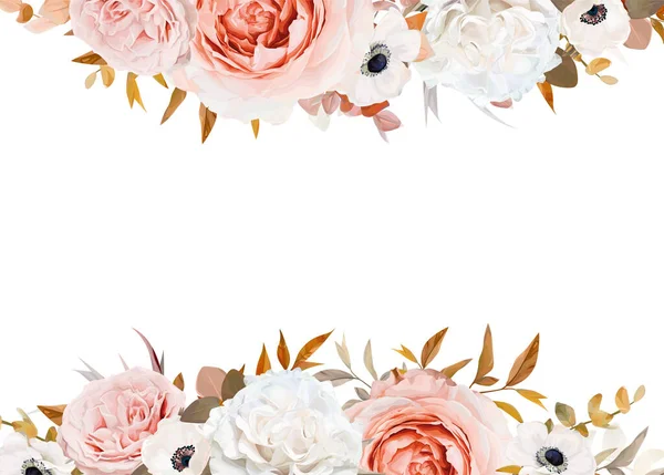 結婚式の招待状 花の挨拶カード バナーコピースペースデザイン エレガントな赤面桃 ピンクのバラの花 象牙の白いアネモネ オレンジ赤ユーカリの葉花束花輪スタイリッシュな芸術の境界線 フレーム — ストックベクタ