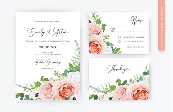 Floral Aquarela Casamento Convite Cartão Rsvp Obrigado Design Cartão Blush — Vetor de Stock