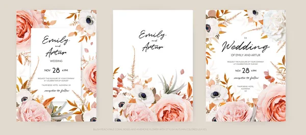 Ensemble Vectoriel Floral Automne Mariage Inviter Modèle Carte Feuilles Automne — Image vectorielle