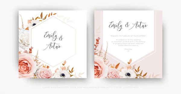 Vector Aranyos Virágos Őszi Esküvői Meghívó Kártya Sablon Készlet Buja — Stock Vector