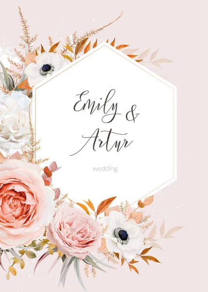 합법적 결혼식 초대장은 디자인을 합니다 푸르스름 복숭아 꽃다발 분홍빛 흰아네 — 스톡 벡터