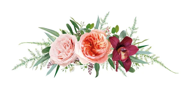 Векторный Цветочный Букет Румяный Персик Коралловая Роза Джульетты Пыльный Розовый — стоковый вектор