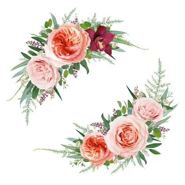 Elegantes Vektor Blumenstrauß Set Blasse Koralle Juliette Rose Staubig Rosa — Stockvektor