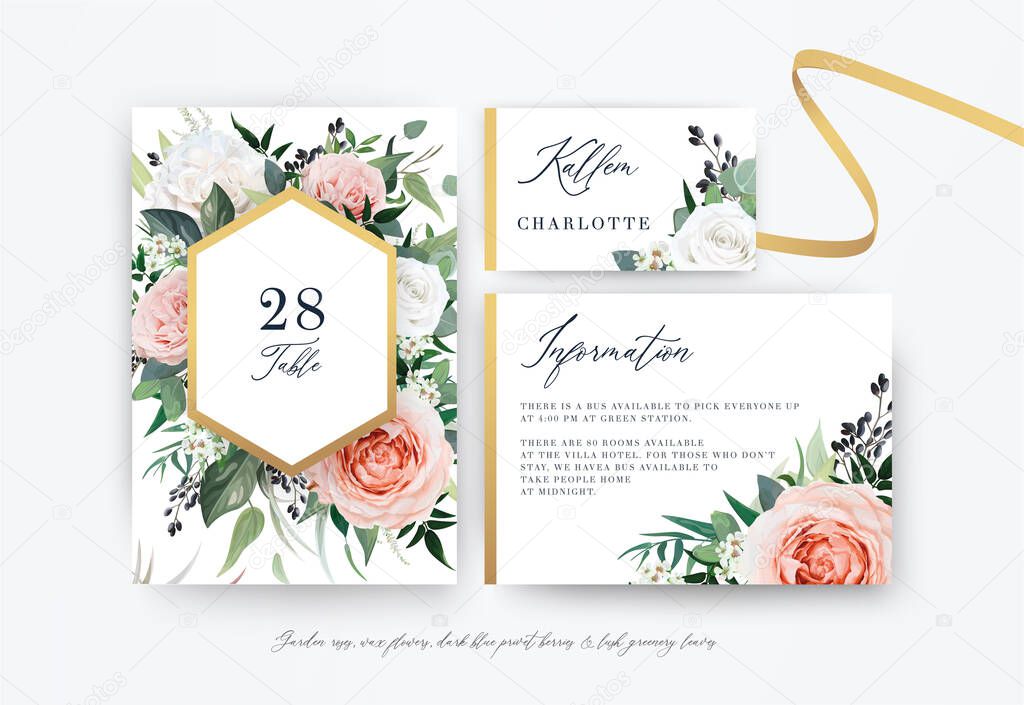 Wedding table number, place card, details, with blush peach, dusty pink, white Rose flowers, green Eucalyptus leaves, berry bouquet, luxury gold frame decoration. Vector, watercolor style illustration