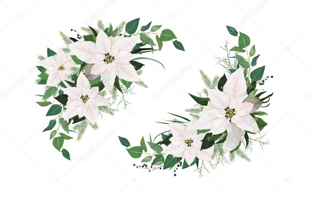 Vector elegant winter season half moon wreath, bouquet. White Poinsettia Christmas flower, spruce tree branches, Eucalyptus greenery, green leaves. Festive floral watercolor style holiday illustration