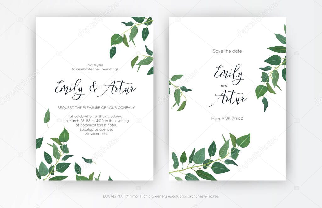 Wedding modern, minimalist style Invitation, floral invite card design: natural greenery eucalyptus branches, green leaf decorative pattern. Vector, elegant, botanical, classy, watercolor template set