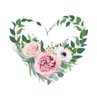 Vektör sanat çiçekli kalp, suluboya buket çizimi şeklinde. Leylak rengi şeftali, pembe bahçe gülleri, anemon çiçeği, yumuşak kremalı balmumu çiçeği, okaliptüs yeşili, yapraklar, adaçayı yeşili otlar ve güzel böğürtlenler.