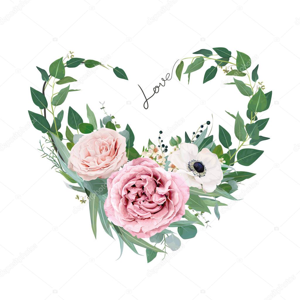 Vector art floral heart shape watercolor bouquet illustration. Mauve peach pink garden roses, anemone flower, tender creamy wax flower, eucalyptus greenery, leaves, sage green herbs and lovely berries