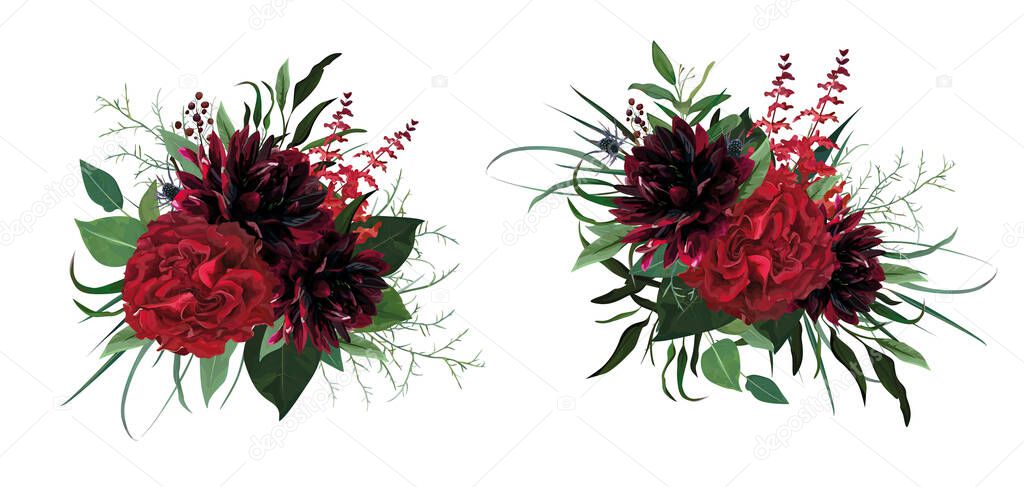 Beautiful luxurious burgundy red, green watercolor style vector bouquet. Garden roses, dahlia flower, greenery eucalyptus leaves, herbs, thistle, berry lovely, editable, designer element illustration 