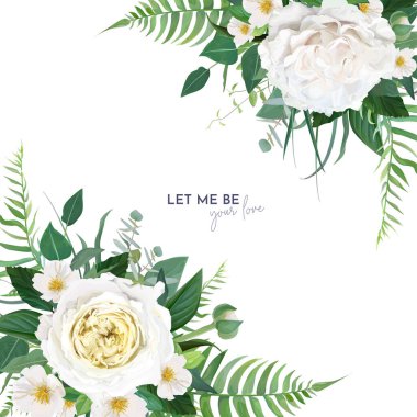 Vektör, çiçekli suluboya düğün davetiyesi, randevu kartı, pankart ve tebrik tasarımı kalsın. Yeşil eğreltiotu yaprakları, okaliptüs dalları, açık sarı güller, beyaz kamelya çiçekleri buket kenarı, çerçeve