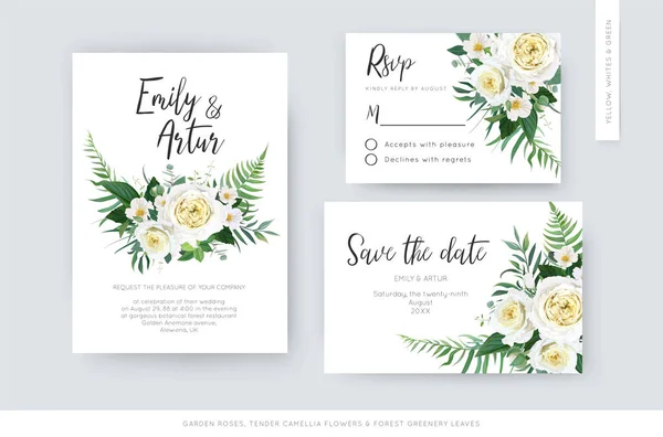 Elegante Vetor Arte Aquarela Floral Casamento Conjunto Convidar Rsvp Salvar — Vetor de Stock