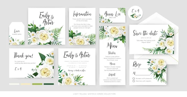 Vetor Botânico Convite Casamento Floral Salvar Data Menu Obrigado Conjunto —  Vetores de Stock