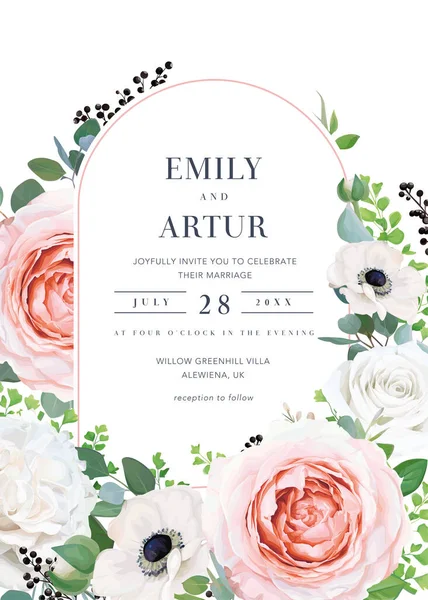 Modern Elegant Vector Floral Wedding Invitation Invite Date Card Blush — Stock Vector
