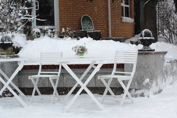 Tische Und Stühle Stehen Winter Freien — Stockfoto