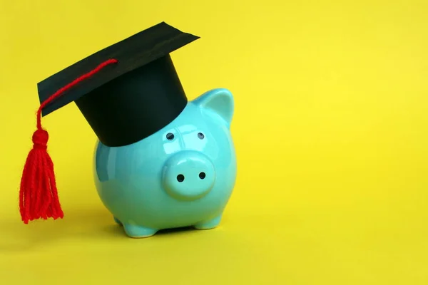 Blue pig piggy bank stands in a black school hat on a yellow background