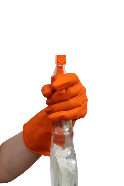 Női Kéz Egy Gumikesztyű Tartja Spray Üveg Tisztítására — Stock Fotó