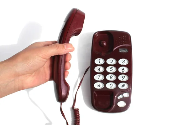 Vrouwelijke Handen Houden Telefoonhoorn Vast Drukken Knop — Stockfoto