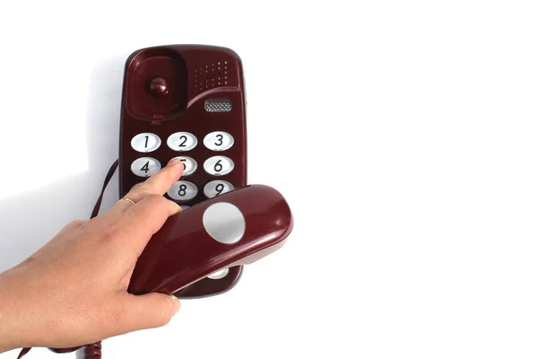 Vrouwelijke Handen Houden Telefoonhoorn Vast Drukken Knop — Stockfoto