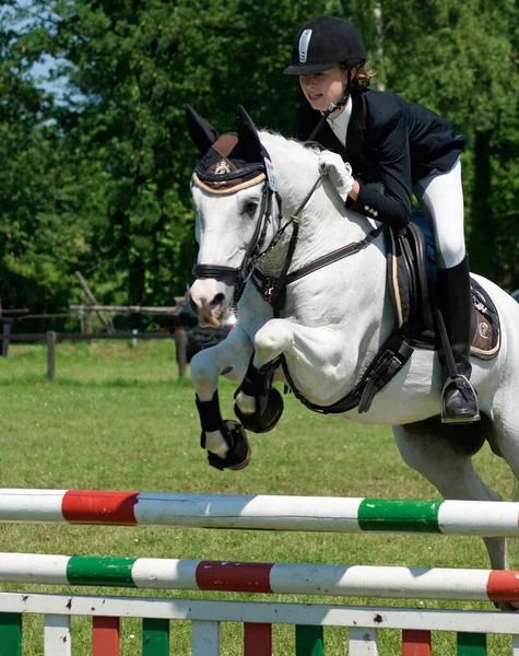 Girl Joyfully Rides Her White Horse Obstacle — Stock Photo, Image