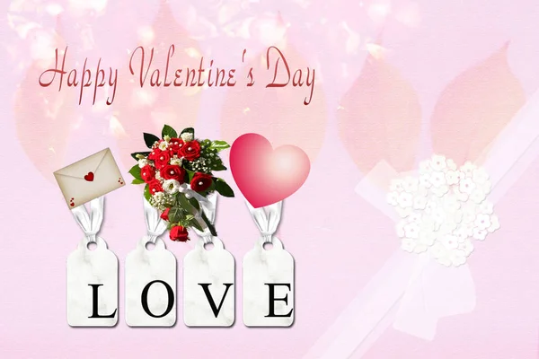 バレンタインデーグリーティングカード愛の手紙 手紙の愛 赤いバラと繊細なバラの背景に赤いハート — ストック写真