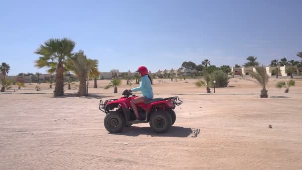 Chica monta una quad bike en África entre las palmeras — Vídeo de stock