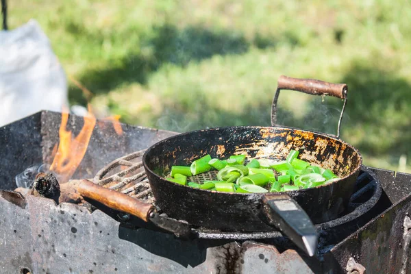 Cooking Fried Onions Vintage Iron Skillet Burning Fire Cooking Suburban — Stock Photo, Image