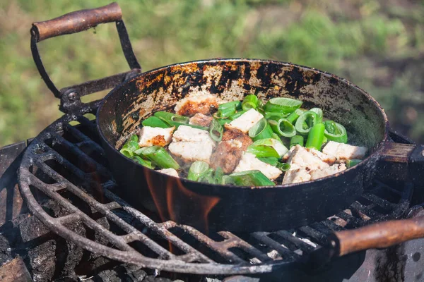 Cozinhar Campo Grelha Legumes Carne Picada Close Uma Frigideira Velha — Fotografia de Stock