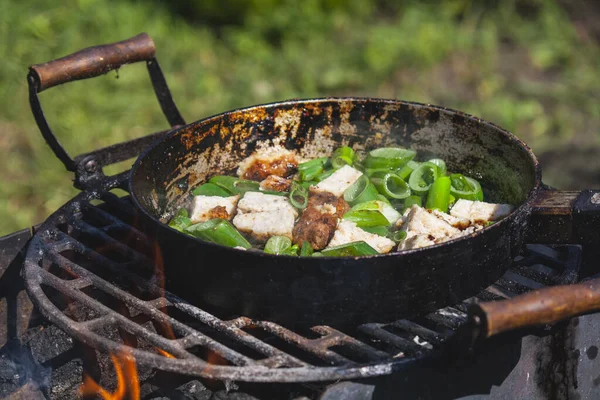 Cozinhar Campo Grelha Legumes Carne Picada Close Uma Frigideira Velha — Fotografia de Stock