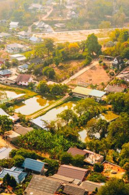 Dağınık evler, göletler, tarım arazileri ve bereketli ağaçlarla çevrili dolambaçlı yollar ile Chiang Rai köyünün hava manzarası, yüksek bir perspektiften sıcak bir ışıkla yakalandı. Tayland