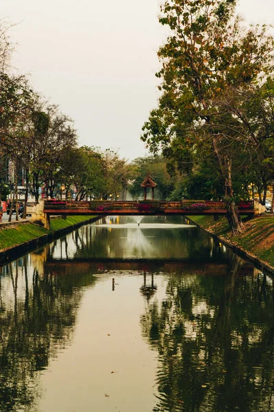 Sakin bir şehir kanalı ağaçları ve çiçeklerle süslenmiş küçük tahta bir köprüyü yansıtır ve yumuşak akşam ışığında yeşilliğin çerçevelediği huzurlu bir şehir vahası yaratır. Chiang Mai, Tayland