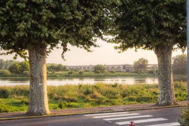Fransa 'da Loire boyunca uzanan ağaçlarla kaplı nehir kenarının altın saat manzaralı uzun boylu ağaçlar gölgeler, park edilmiş arabalar ve uzak mesafeden görülebilen tarihi bir taş köprü.