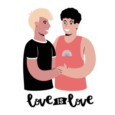 Birbirlerini kucaklayan aynı cinsiyetten mutlu bir eşcinsel çiftin portresi. Beyaz arka planda izole edilmiş resim